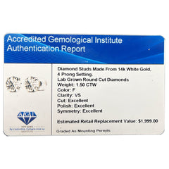 1.50 CTW Lab-Grown Diamond Stud Earrings in 14K White or Yellow Gold – F Color, VS Clarity | AGI Certified