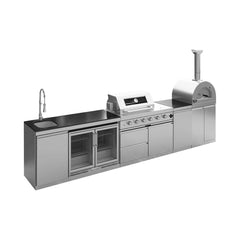 Blazon 150-Inch 4-Burner 108K BTU Outdoor Kitchen Island With Pizza Oven, Rotisserie & Refrigerator (SAK36412)