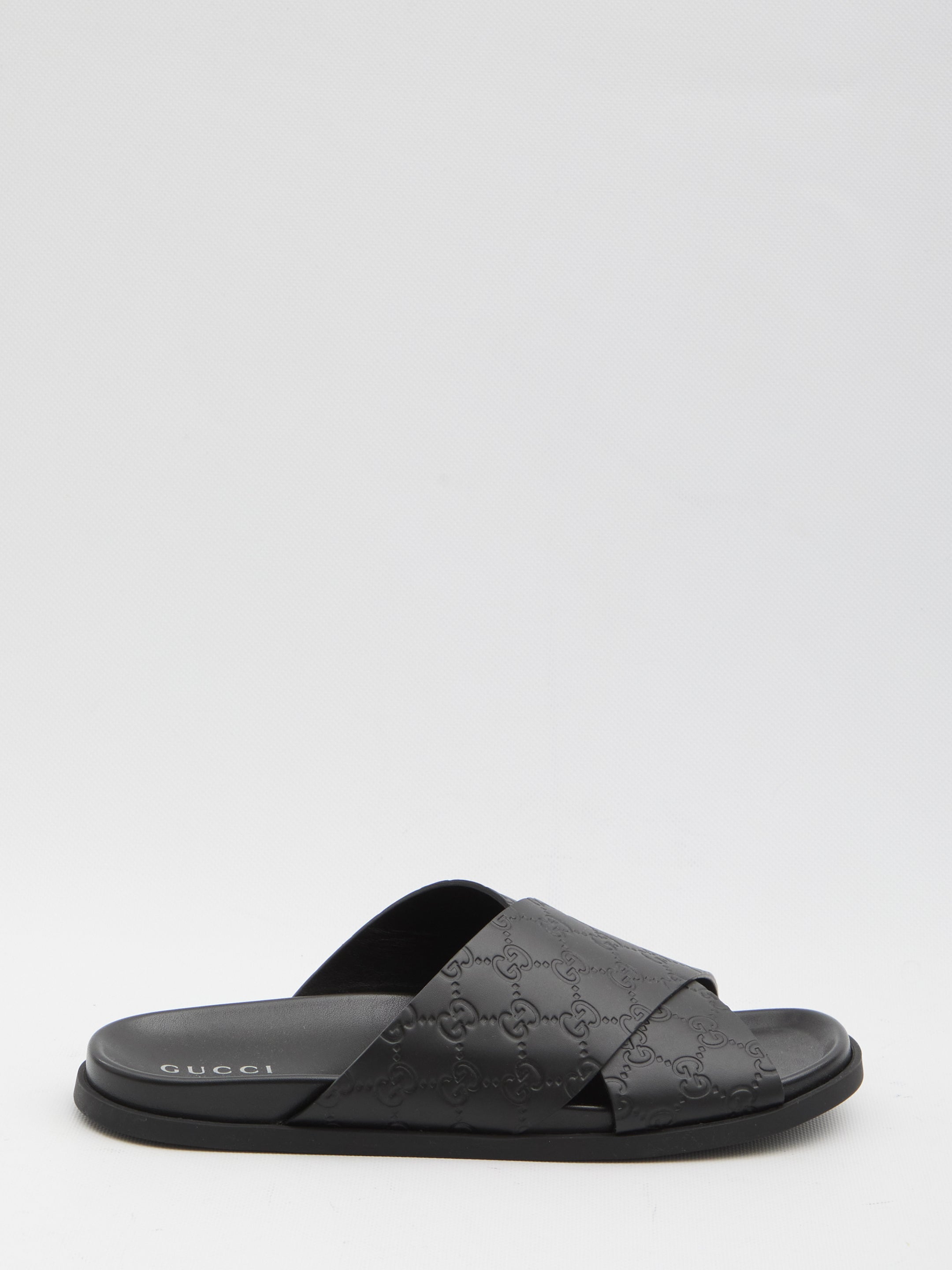 GUCCI Men's Leather Slide Sandals with Braided Strap and Embossed Logo - Comfortable Rubber Sole