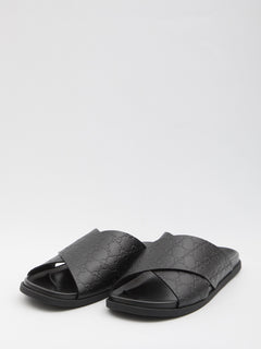 GUCCI Men's Leather Slide Sandals with Braided Strap and Embossed Logo - Comfortable Rubber Sole