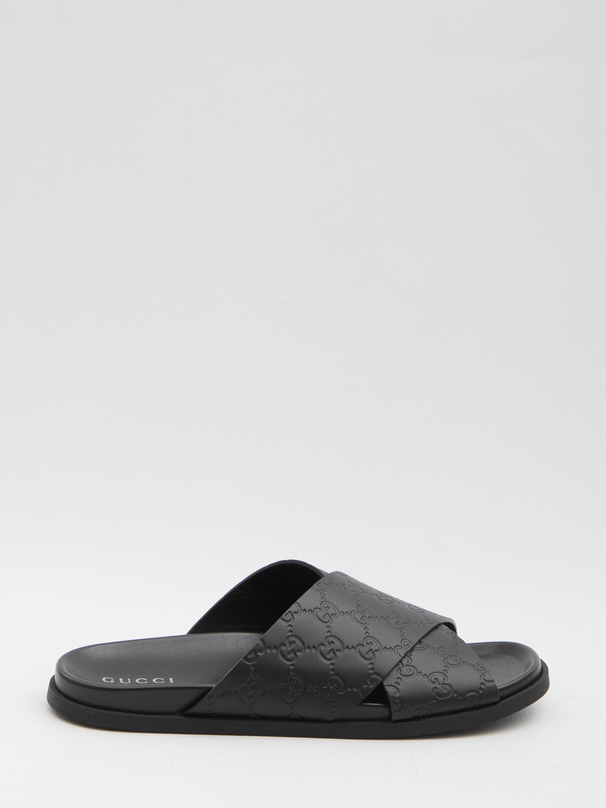 GUCCI Men's Leather Slide Sandals with Braided Strap and Embossed Logo - Comfortable Rubber Sole