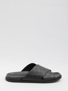 GUCCI Men's Leather Slide Sandals with Braided Strap and Embossed Logo - Comfortable Rubber Sole