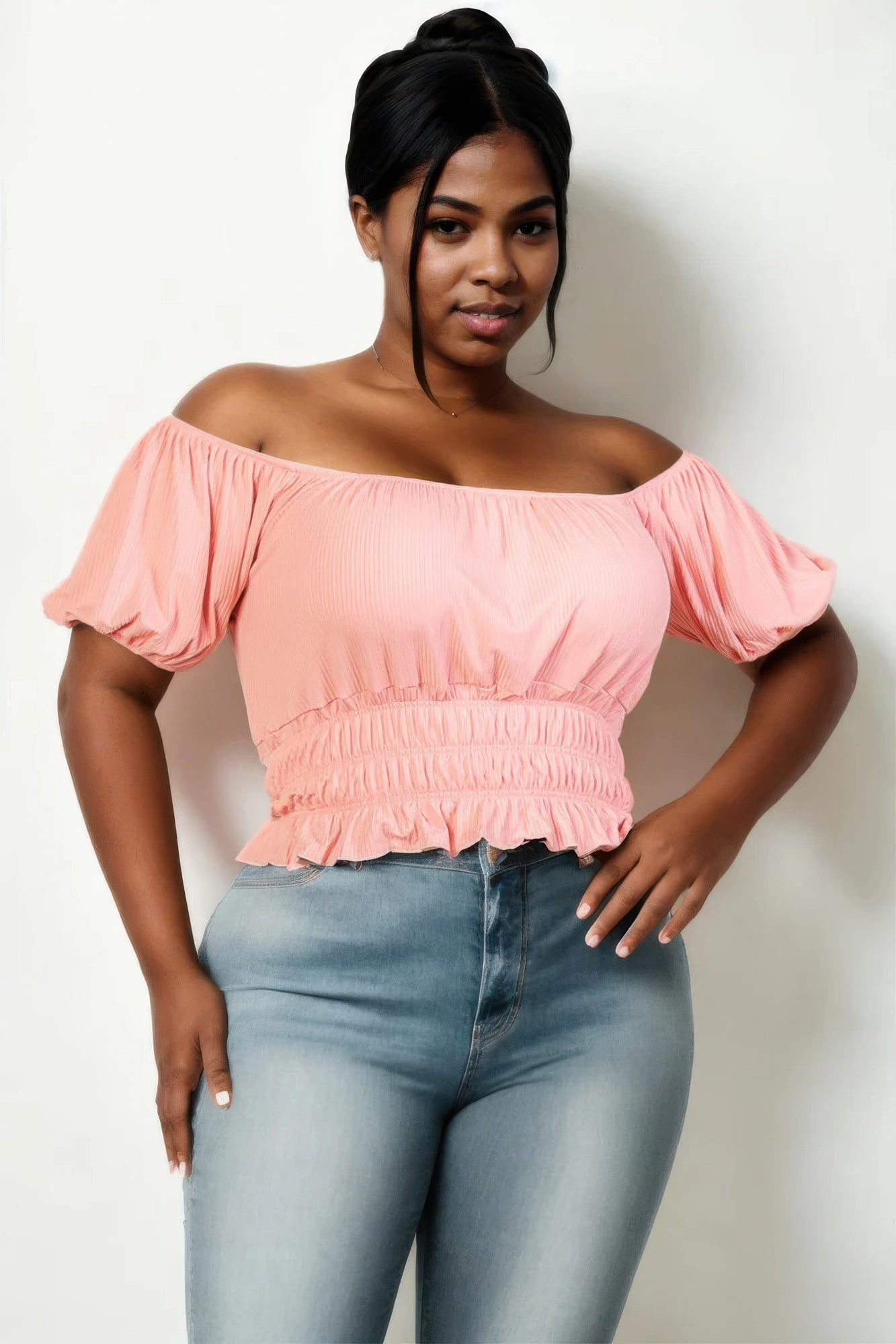casual ruched puff sleeve ribbed knit solid top