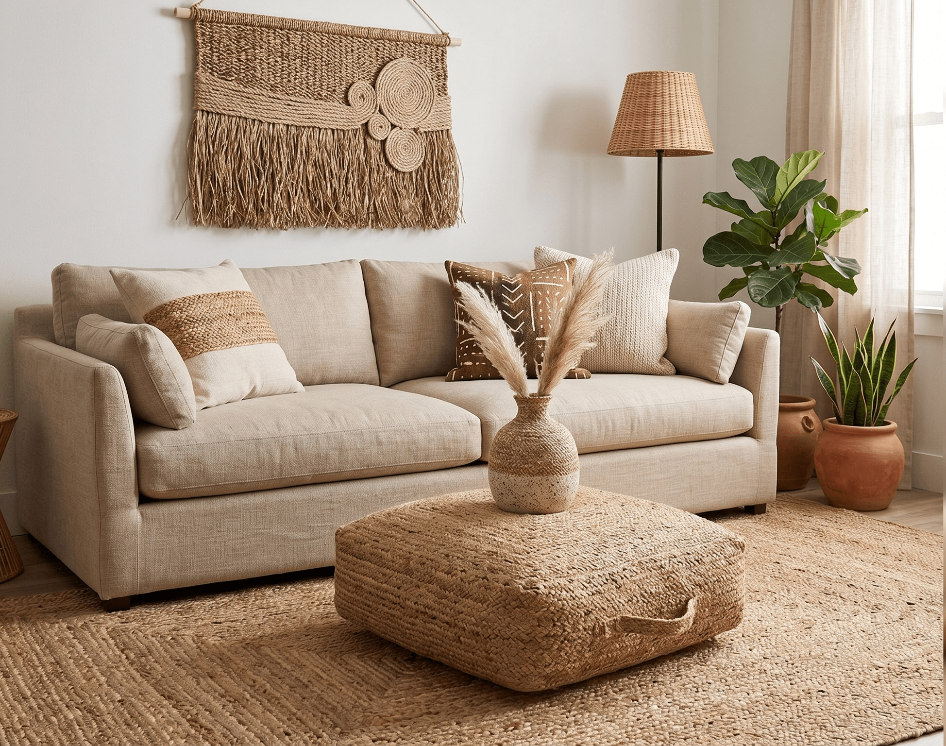 Modern Style Hand Braided Gold Jute Square Pouf